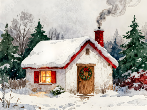 A warm cabin glows in a snowy forest as deer wander nearby, capturing the peaceful beauty of winter evenings in nature quiet calm. Amazing Christmas digital illustration. CG Artwork Background