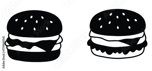 Two simple, modern black silhouette cheeseburgers with sesame seeds on buns stacked high with melted cheese and juicy patties