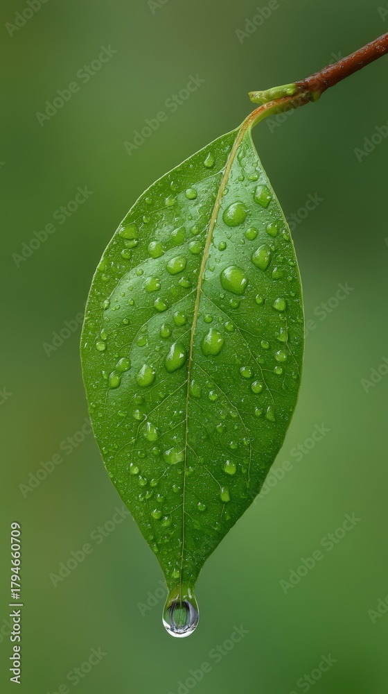 Fototapeta premium Vibrant Green Leaf Adorned with Sparkling Water Droplets on Branch