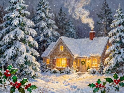 A warm cabin glows in a snowy forest as deer wander nearby, capturing the peaceful beauty of winter evenings in nature quiet calm. Amazing Christmas digital illustration. CG Artwork Background