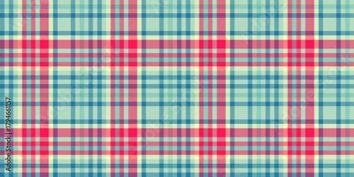 Vibrant plaid pattern in teal, red, and cream. Perfect for backgrounds, textiles, or designs needing a touch of classic flair. Versatile, eyecatching design.