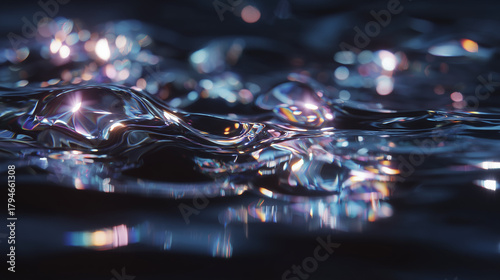 Abstract dark liquid background with sparkling jewel-like reflections. Fluid motion on a glossy surface with iridescent light refraction and colorful bokeh
