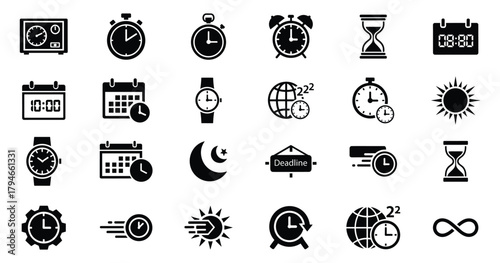 Time silhouette icon set. Vector pictograms of clocks, timers, schedules, deadlines, stopwatches, and time tracking bold solid illustration.