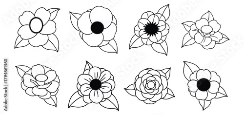 Elegant floral line art collection showcasing diverse flower designs with leaves, perfect for timeless beauty and natural elegance in your projects