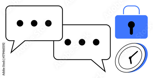 Two speech bubbles with ellipses represent conversation, a padlock signifies security, and a clock shows time management. Ideal for communication, privacy, encryption, digital chat, safety