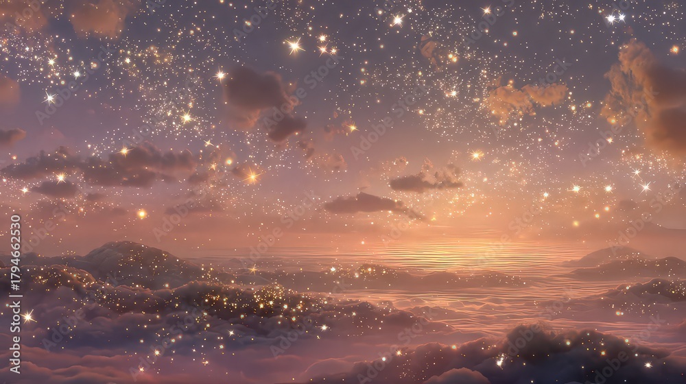 Naklejka premium Dreamlike Sunset Cloudscape with Glittering Particles and Horizon Sunlight