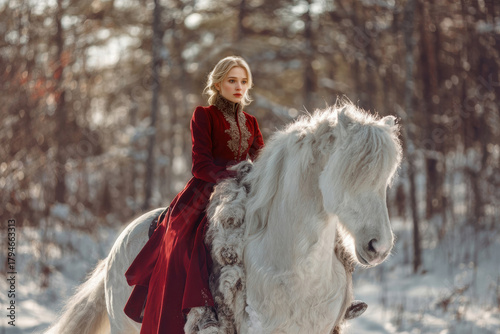 A young woman in a luxurious red fur-trimmed coat rides a white horse