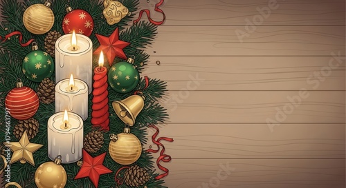 Festive Christmas illustration featuring candles and ornaments on wooden background