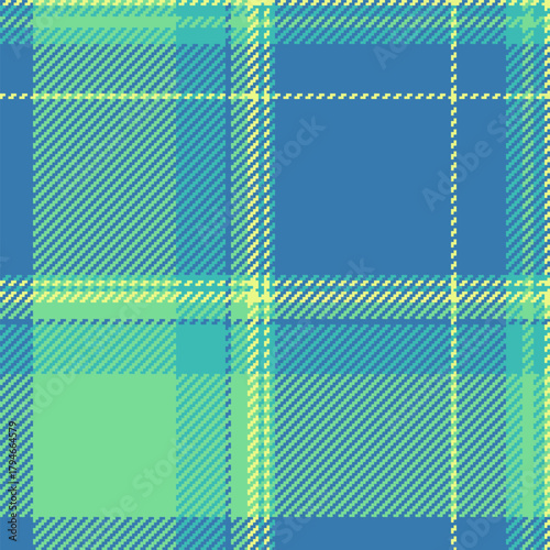 Deco background textile texture, folklore check tartan vector. Skirt plaid pattern seamless fabric in cyan and green colors.