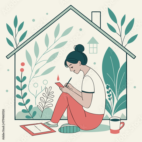 Woman writing journal staying home with plants