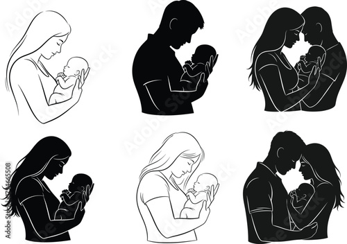 Parent and baby silhouette set, black vector illustration, family bonding, emotional care, nurturing moment, love and affection concept art