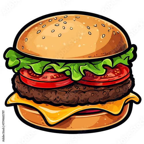 A detailed vector illustration of a classic cheeseburger with a juicy single beef patty and fresh toppings