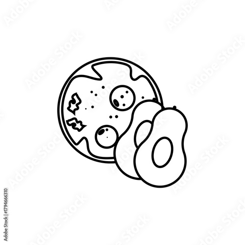 Isolated icon of fried eggs and avocado. Vector illustration, doodle style, black and white colors. Only healthy eating. Can be used in mobile apps, websites, and advertising.