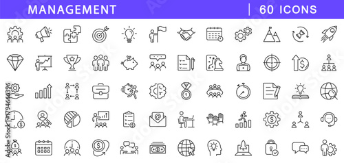 Management icon set. Organisation business icons in line style. Editable web icons for business, marketing, planning, support, vision, project, work etc. Vector illustration.