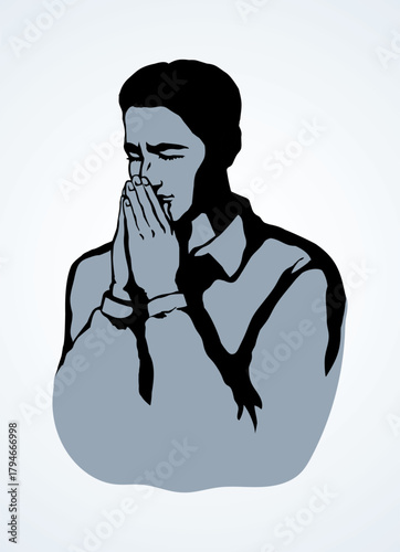 Sin depressed sorrow worry supplication on white background. Line love praise palm concept logo pictogram. Black drawn young thank plead fold soul body finger emblem in retro art doodle cartoon style