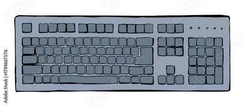 Lcd macbook keypad on white table desk backdrop. Black line drawn led netbook. Www social data key icon sign sketch in modern art doodle style on pad space for text. Close up palm push above top view