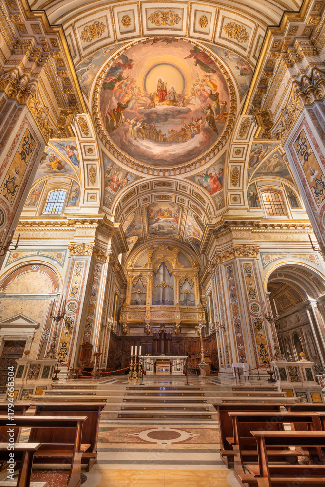 Obraz premium CAVA DE TIRRENI, ITALY - OCTOBER 7, 2025: The presbyter of the church Abbazia Santissima Trinita with the frescoes by Vincenzo Morani (cca 1860).