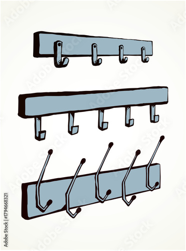 Old timber bath peg plank panel decor on white hall backdrop. Outline black ink hand drawn decoration object logo emblem in retro art doodle cartoon style on space for text. Closeup holder pictogram