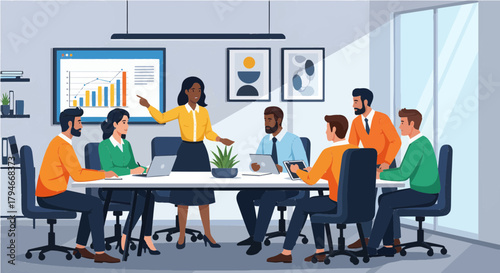 Dynamic team analyzing growth chart in modern office