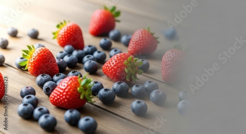Fresh and vibrant mix of strawberries and blueberries on wooden background