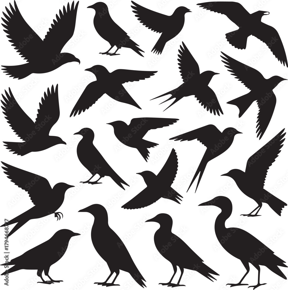 Obraz premium Black Bird Silhouettes in Flight and Standing - Diverse Avian Vector Pack