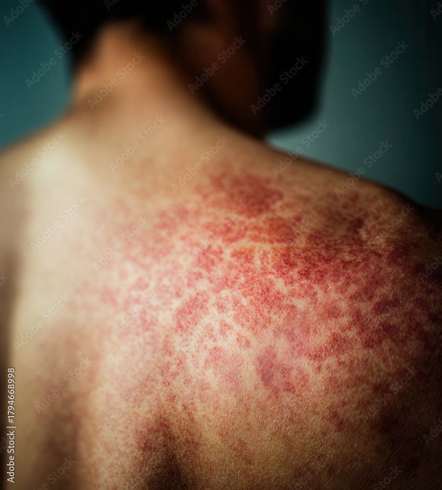 Fototapeta premium Skin reaction visible on back during a health check in a clinical setting