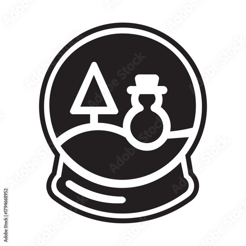 Black and white icon of a Christmas snow globe with a snowman and tree Icon Vector