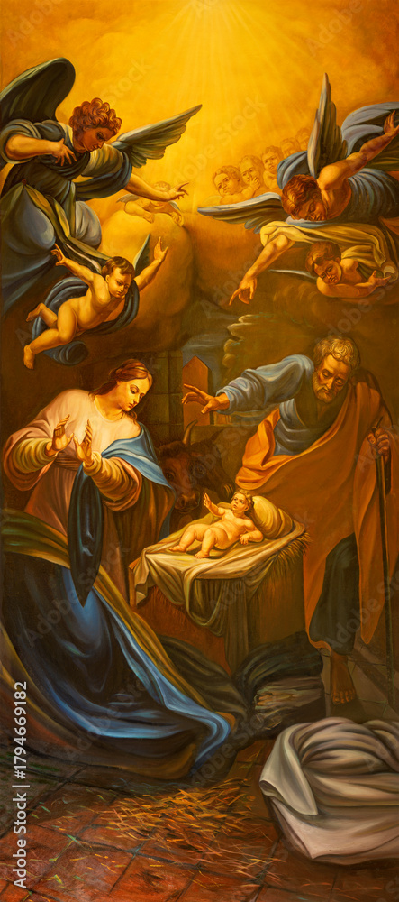 Fototapeta premium CAVA DE TIRRENI, ITALY - OCTOBER 7, 2025:The painting of Nativity in Chiesa di San Francesco e Sant Antonio by unknown artist with the initials H. B. (2009)
