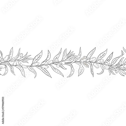 Sesame Branch with Flowers, Seeds and Leaves Outline Horizontal Seamless Pattern. Organic natural nutritional healthy food ingredient, vegetarian diet product. Vector isolated for design or decoration