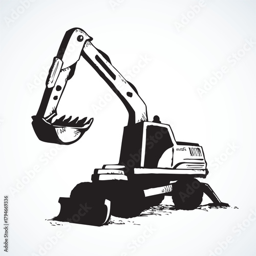 Utility pneumatic mini cutcat model with dipper and big rubber bus isolated on white background. Dark black ink hand drawn logo emblem pictogram on paper. Side view with space for text on quarry grub 