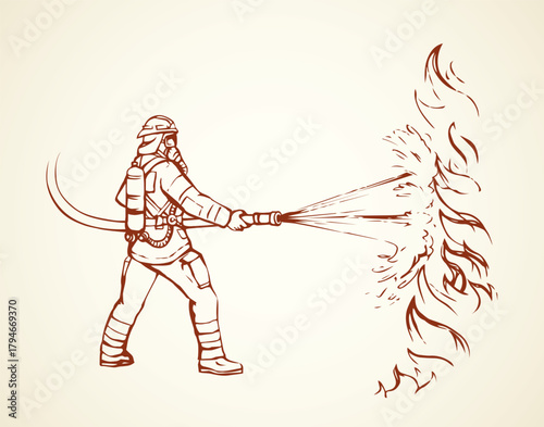 911 save lifeguard worker hold pipe on white backdrop. Freehand line black ink hand drawn fireproof wear, outfit hat emblem logo sketchy in retro art doodle cartoon style pen on paper space for text