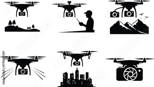 Drone activity vector set, black silhouette illustrations, aerial photography, surveillance, cityscape, nature, remote control, flying technology concept