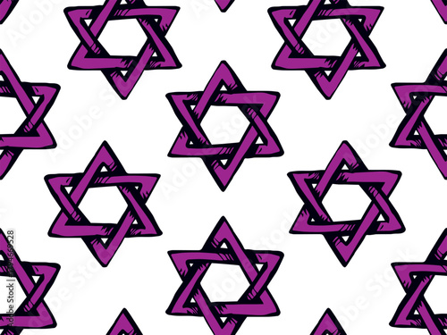 Old kosher judaic chanukkah magen shape heritage backdrop. God torah chanukah yiddish day logo emblem. Bright purple color hand drawn zion ethnic hannukah sketch in retro art doodle cartoon style on w