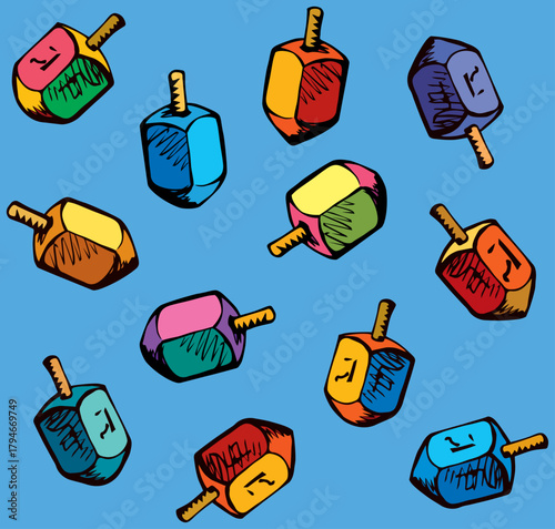 Ethnic judaic chanukkah draydl on blue table. God torah nun chanukah gimel dreydl icon. Holy jew hanukah dreidle card backdrop. Bright color hand drawn zion hannukah in retro art sevivon cartoon style