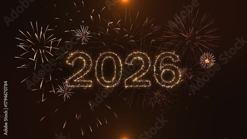 Sparkling New Year Eve scene golden frames lights creating Fireworks joyful welcome 2026 style year year's fireworks background night greeting card text happy New Year Greetings, Social Media Wishes,