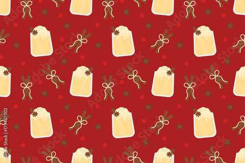 Eggnog cups with bows and cinnamon sticks on a red background. Perfect for festive packaging, holiday cards, drink labels, and Christmas-themed digital papers.