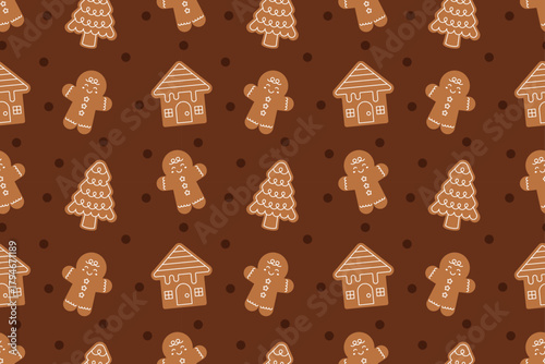Cute gingerbread men and cookie houses on a brown background with dotted accents. Great for Christmas wrapping, bakery packaging, festive crafts, and decorative holiday patterns.