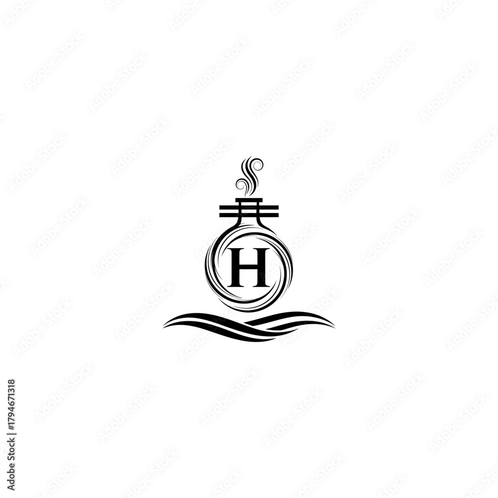 Fototapeta premium Elegant letter h logo design featuring a laboratory flask in black and white