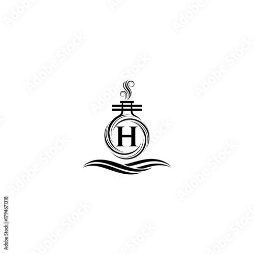 Elegant letter h logo design featuring a laboratory flask in black and white