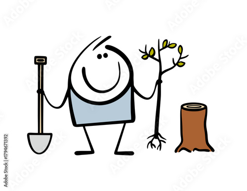 Young volunteer plants a new tree in the forest instead of the destroyed plant. Vector illustration of a gardener and a tree stump. Balance in the environment, help nature.