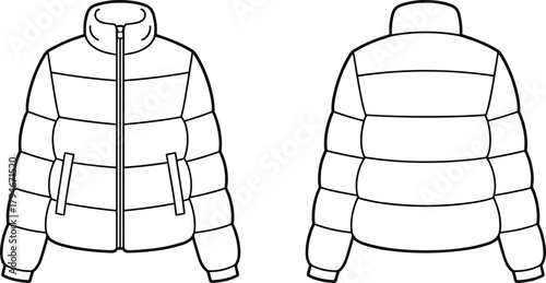 Detailed puffer jacket vector template featuring front and back views, quilted panels, high collar, zipper closure, pockets, and winter outerwear design