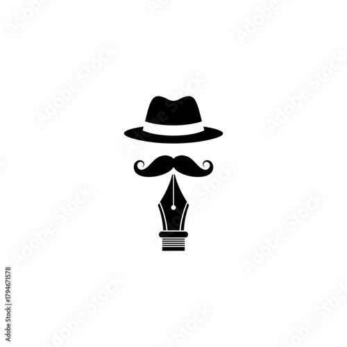 Stylized illustration of a fedora hat mustache and fountain pen nib icon