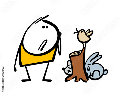 Confused stickman looks at the unfortunate animals in the forest. Vector illustration of the destruction of trees. Stump,  bird and  bunny with  mouse hiding in the grass. Harm to the environment.