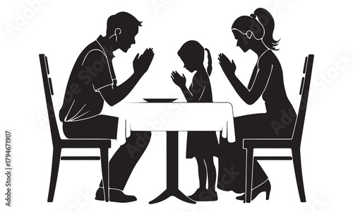 Family praying at dinner table, silhouettes depicting a moment of gratitude and faith together
