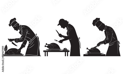 Chef silhouettes carving roasted turkey or chicken for festive holiday meal preparations
