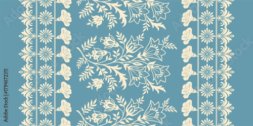 floral pattern vintage ethnic modern embroidery texture boho design vector illustration hand drawn pink flower motif branches leaves wallpaper seamless background border.	
