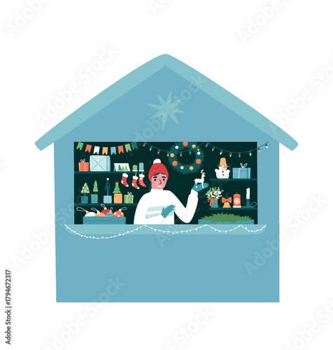 A girl sells New Year's souvenirs and gifts. A kiosk with gifts on a white background. Vector illustration in a flat style.