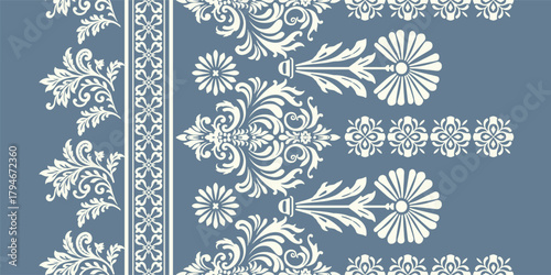 floral pattern vintage ethnic modern embroidery texture boho design vector illustration hand drawn pink flower motif branches leaves wallpaper seamless background border.	
