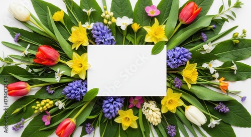 Springtime Bloom Arrangement: A vibrant arrangement of fresh, colorful flowers surrounds a blank canvas, perfectly encapsulating the essence of springtime.