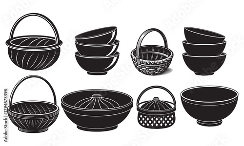 Variety of baskets and bowls, engraved monochrome illustration, essential kitchenware items.
